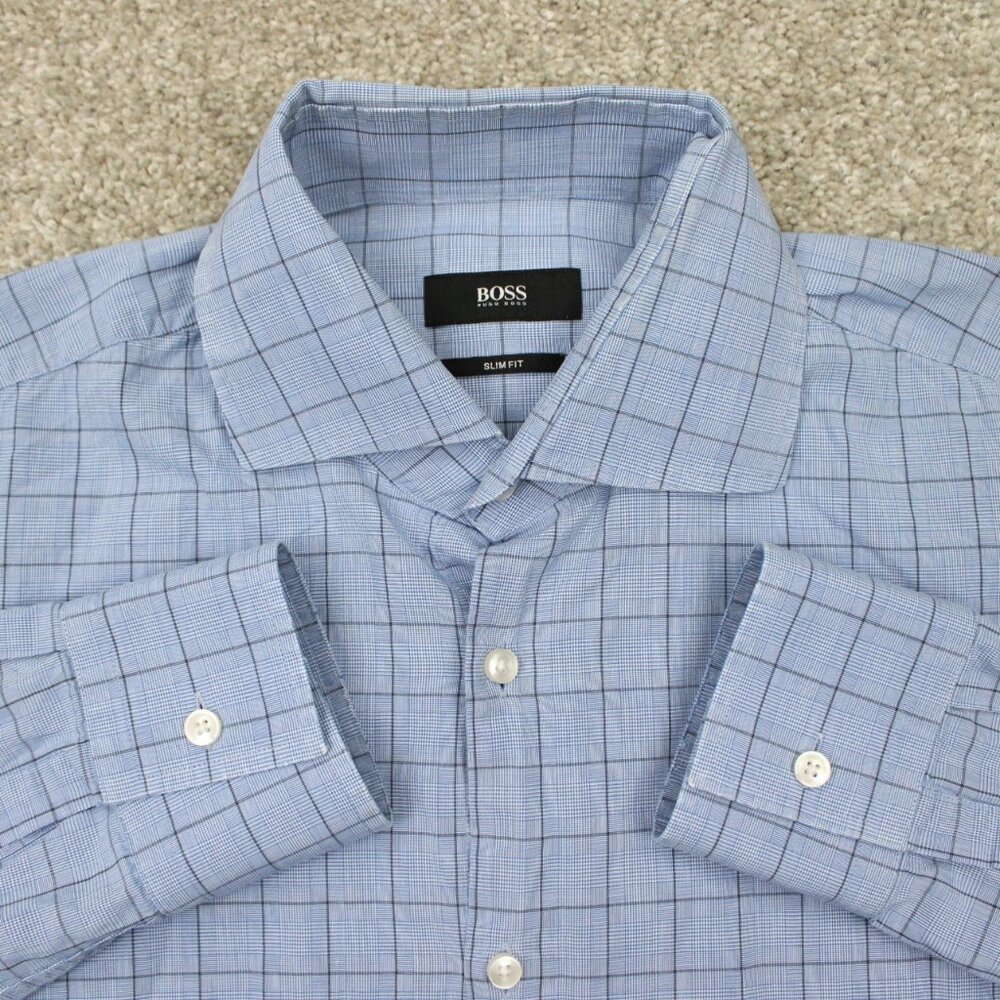 BOSS Hugo Boss Prince Shirt Mens 15 1/2,‎ 39 Blue Slim Fit L/S Cotton Button Up